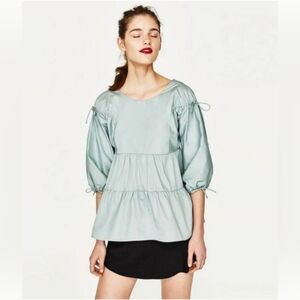Zara Trafaluc Baby Doll Tiered Seafoam Green  Top